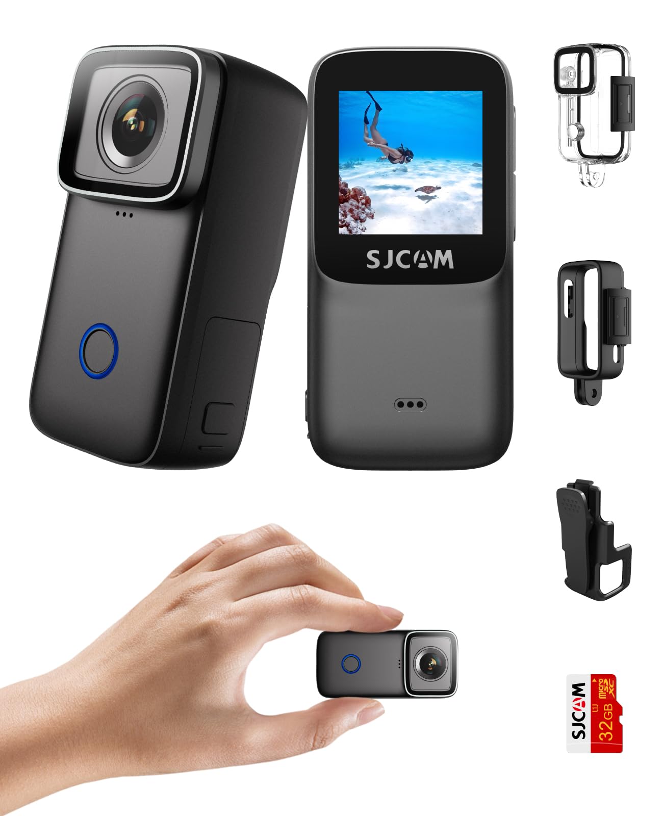 SJCAM C200 Mini Cámara de Acción 4K Cámara de Bolsillo con Estabilización, FOV Ancho, Cámara Corporal Portátil, Cámara para Casco Impermeable, Cámara Vlogging Portátil con Accesorios Subacuáticos Tarjeta de 32GB Montura Universal